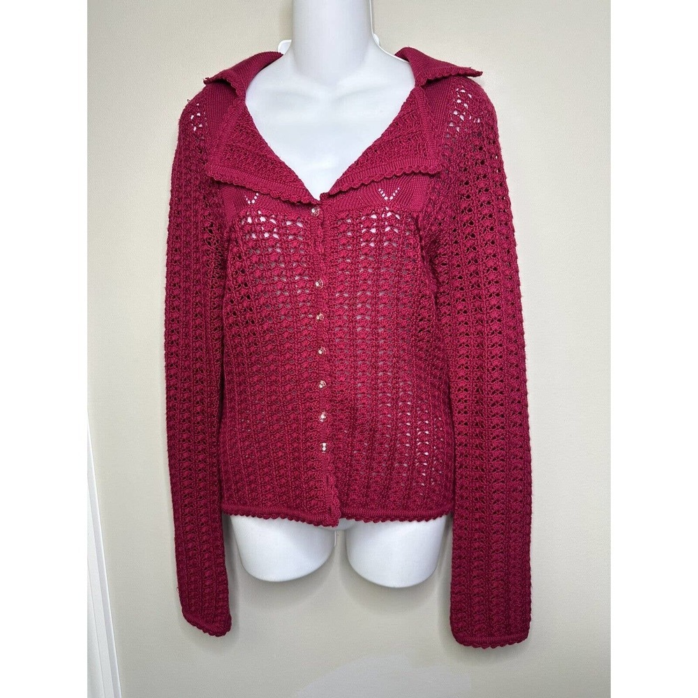 Alannah Hill Knit Crochet Cardigan Sweater Tercel/Wool ~ S ~. Magenta Fuchsia
